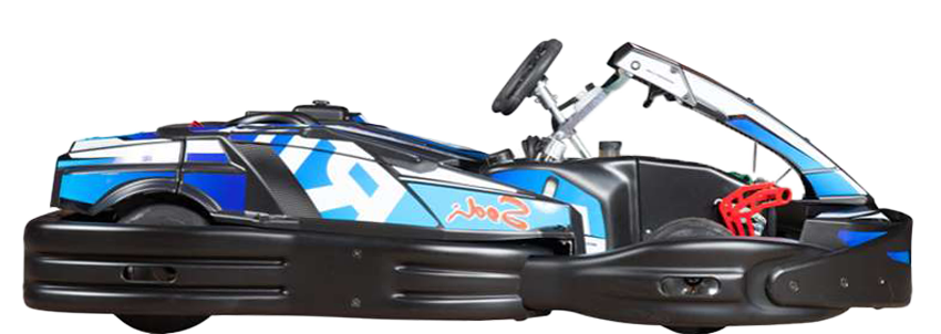 Blue and red go-kart with sleek design, curved aerodynamic panels, and prominent seat. The kart conveys a sense of speed and excitement.