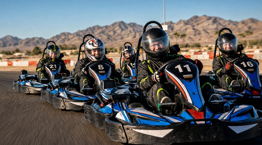 Racers in colorful go-karts speed around a sunny outdoor track. The lead driver intensely focuses ahead, conveying excitement and competition.