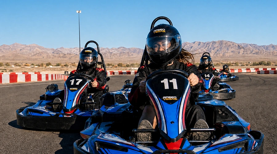 Racers in colorful go-karts speed around a sunny outdoor track. The lead driver intensely focuses ahead, conveying excitement and competition.